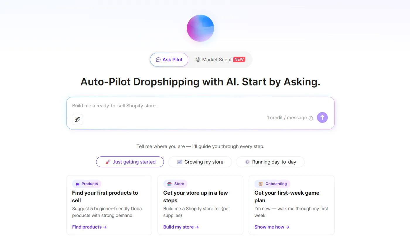 Doba Pilot AI dropshipping agent chat interface with Market Scout, product sourcing, and store setup prompts