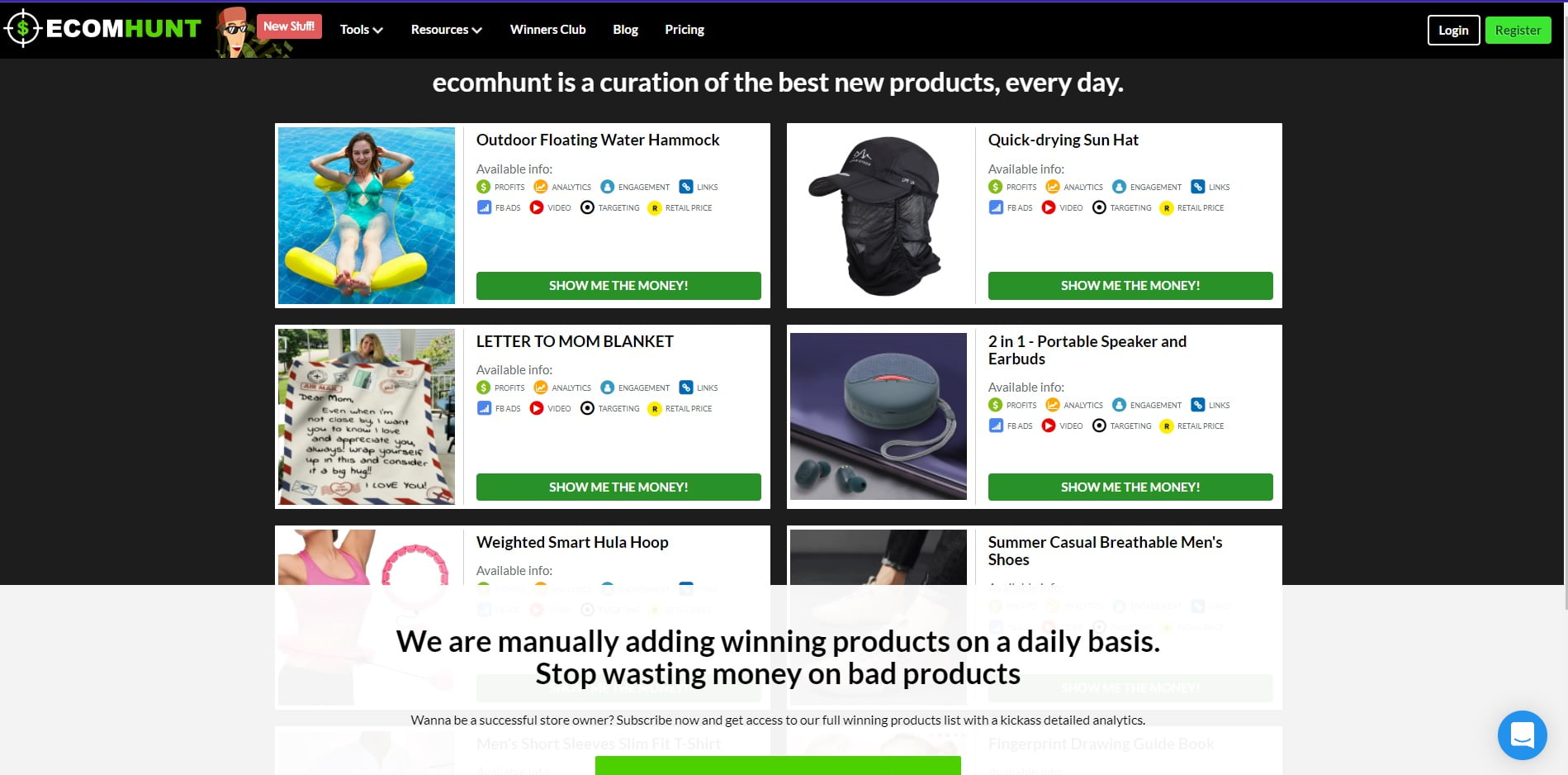 echomhunt product research tool with dropshipping product research, chrome extension, pricing plans, trending products, video ads and profit margin.